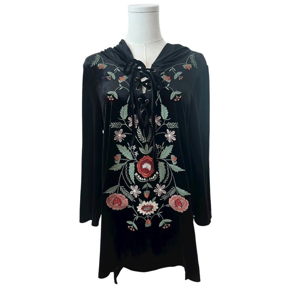 Women's Small Black Velvet Embroidered Floral Whimsical Goth Hooded Lace Up Top